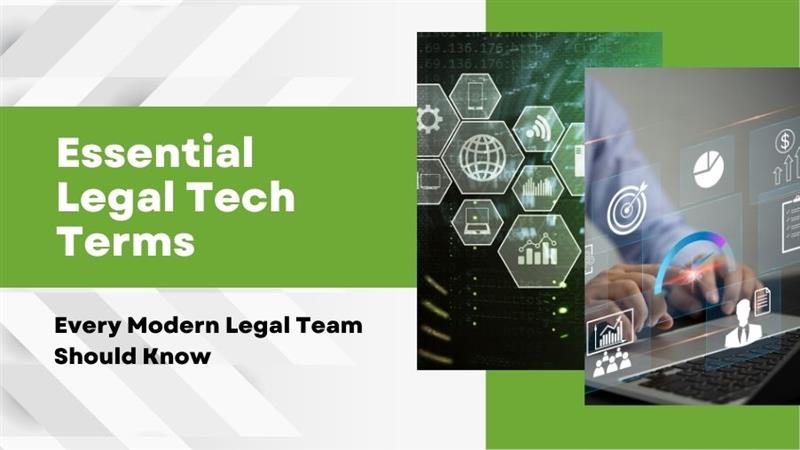 Illustration of legal tech concepts, including digital documents, and analytics, representing key legal tech terms for modern legal teams.